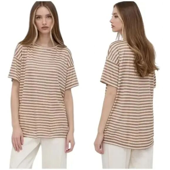 MAXMARA Leisure Brown White Zebio Striped Relaxed Fit Oversized T-Shirt Medium - Picture 1 of 8